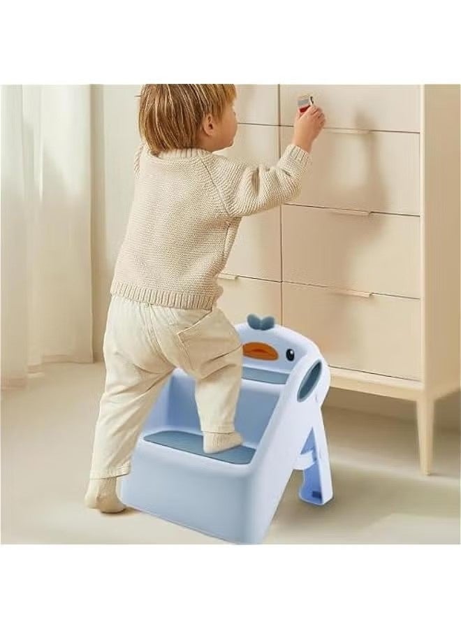 بيوينتي مقعد طيّار للأطفال الصغار متعدد الارتفاعات للمطبخ وحمام الحوض، درجات تواليت لتدريب على القصرية، مقعد مساعد مزدوج الارتفاع 11 للمطبخ، سلالم بلاستيكية بمقابض، مقاعد قدم للحضانة (أزرق) - Image 2